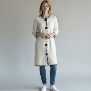 Y2K Cream Cardigan Knit Long Duster Bohemian Black Trim Funky Large Buttons Sz L